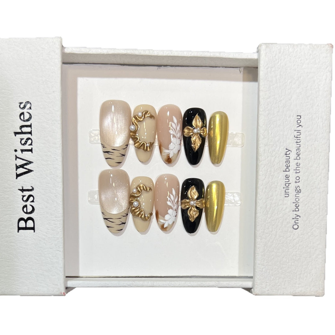 Artistic Press-On Nail Set with Decorative Floral Elements Kalsten