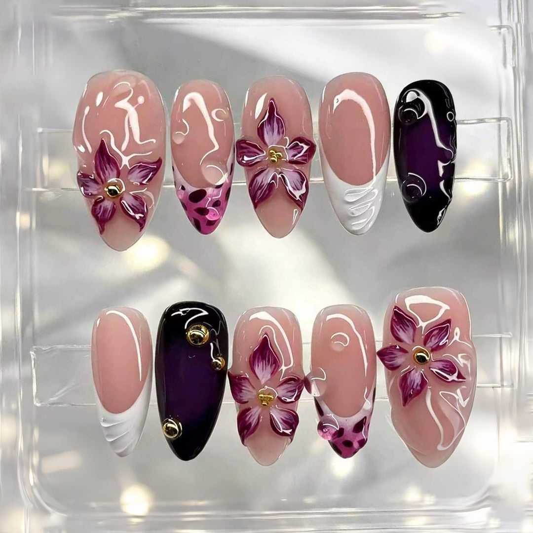 Artistic Press-On Nail Art Set with Floral Accents Kalsten