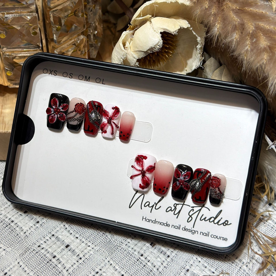 Artistic Nail Decoration Press-On Set with Unique Floral and Gemstone Designs Kalsten