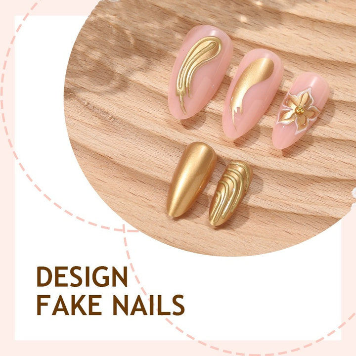 Artificial nail set with elegant golden decorations and delicate designs Kalsten
