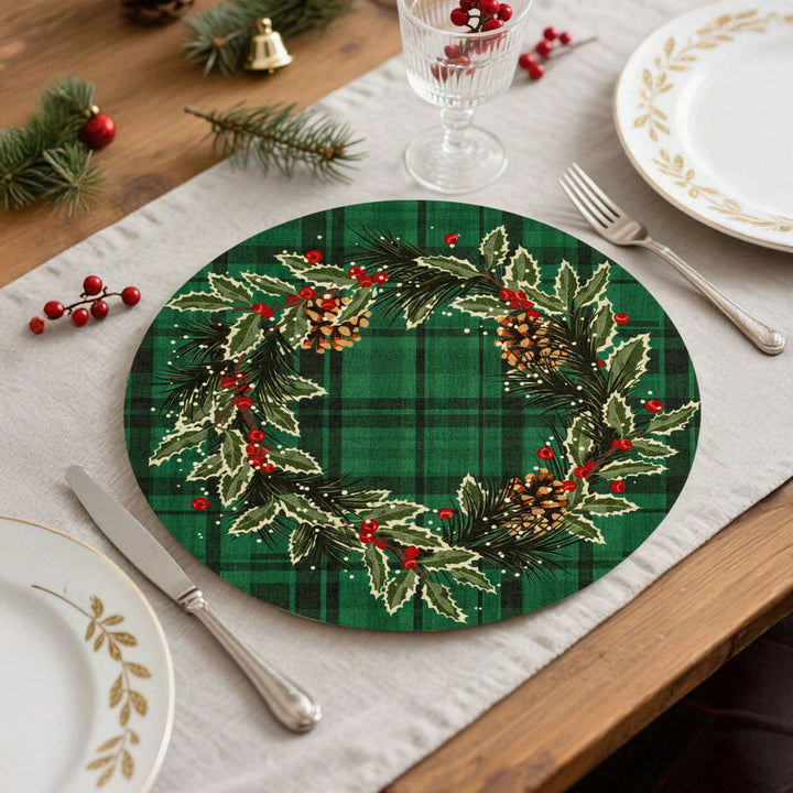 Round wipeable placemat with Christmas pine cone and holly wreath motif Kalsten