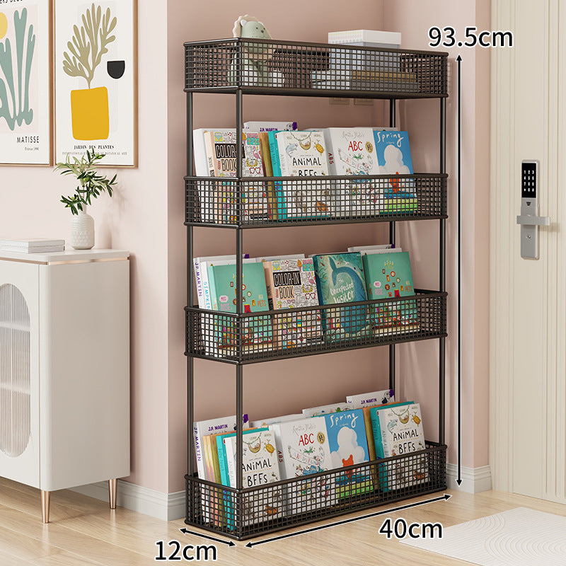 Freestanding Four‑Tier Metal Mesh Book and Display Shelf Rack