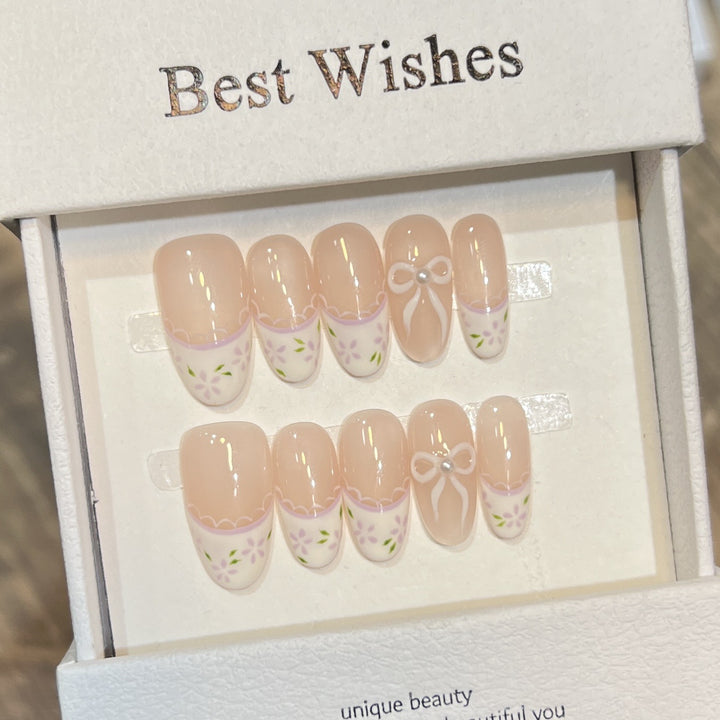Decorative Press-On Nail Set with Floral Bow Design Kalsten