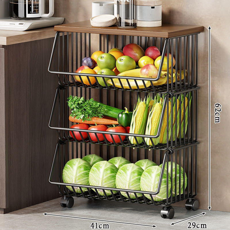 Multi-Tier Rolling Kitchen Fruit and Vegetable Storage Cart with Wood Top
