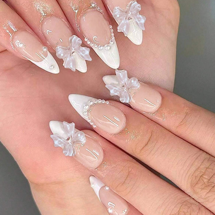 Decorative Press-On Nail Set with Floral and Pearl Embellishments kalsten