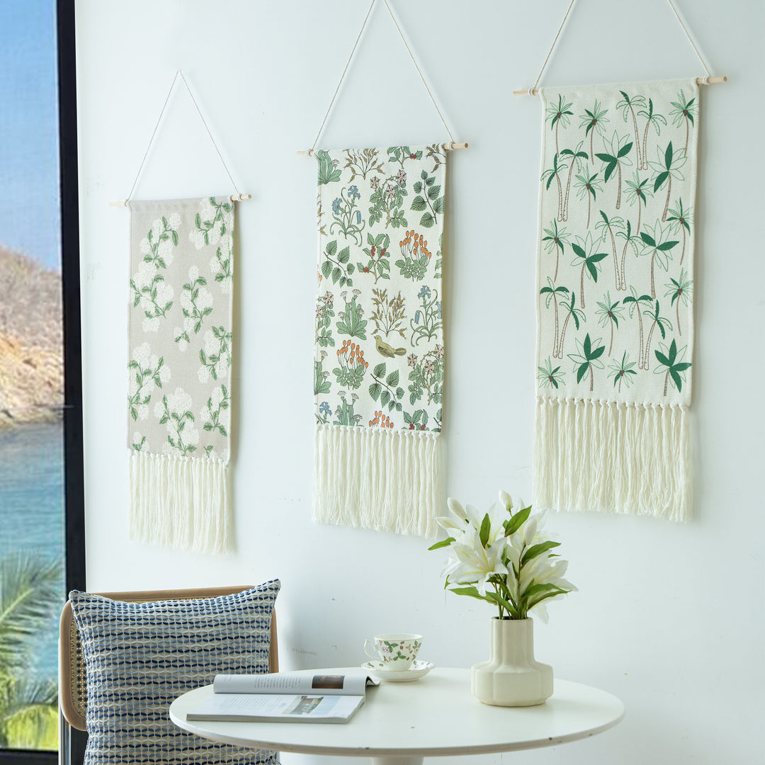 Woven wall hanging with floral jacquard structure and long fringes Kalsten