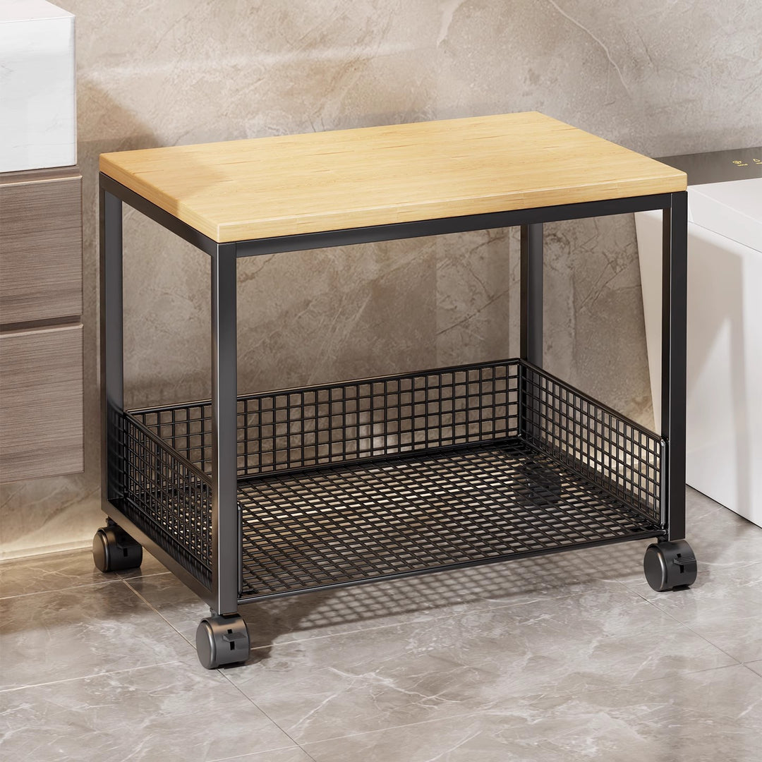 Narrow Rolling Mesh Cabinet Shelf with Bamboo Top and Locking Swivel Casters