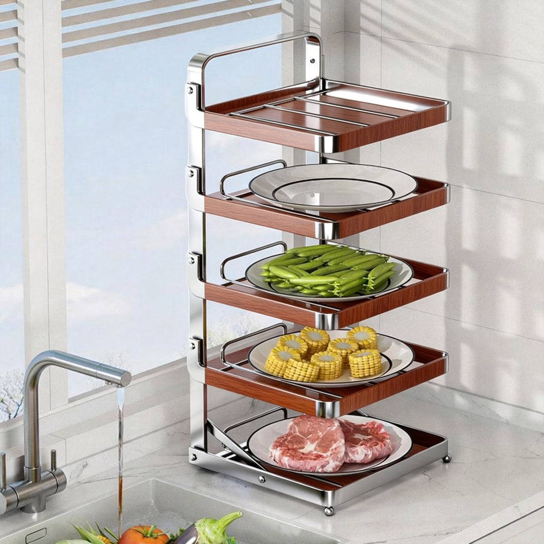 Multi-Tier Vertical Countertop Rack for Bowls with Drip Tray & Slanted Shelf Design