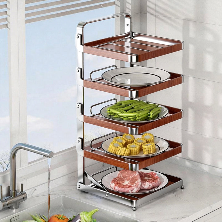 Multi-Tier Vertical Countertop Rack for Bowls with Drip Tray & Slanted Shelf Design