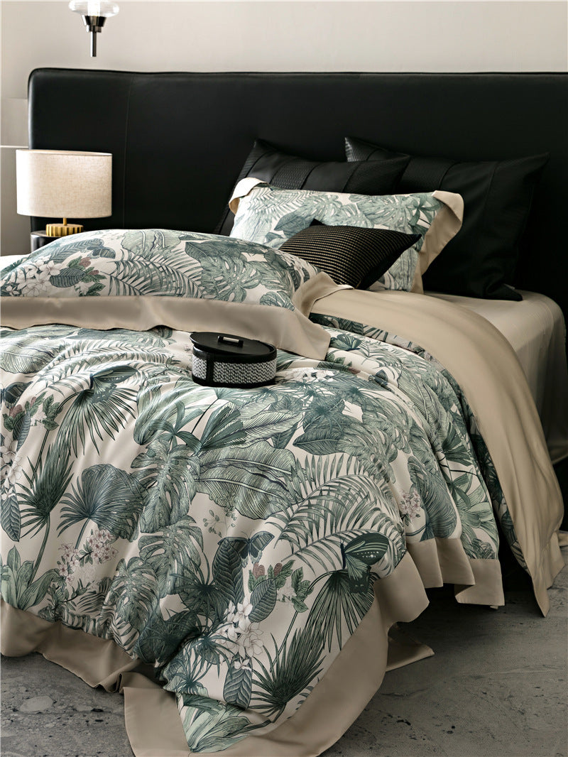 Duvet cover set made of cotton satin with subtle watercolor flower print and silky-matte texture