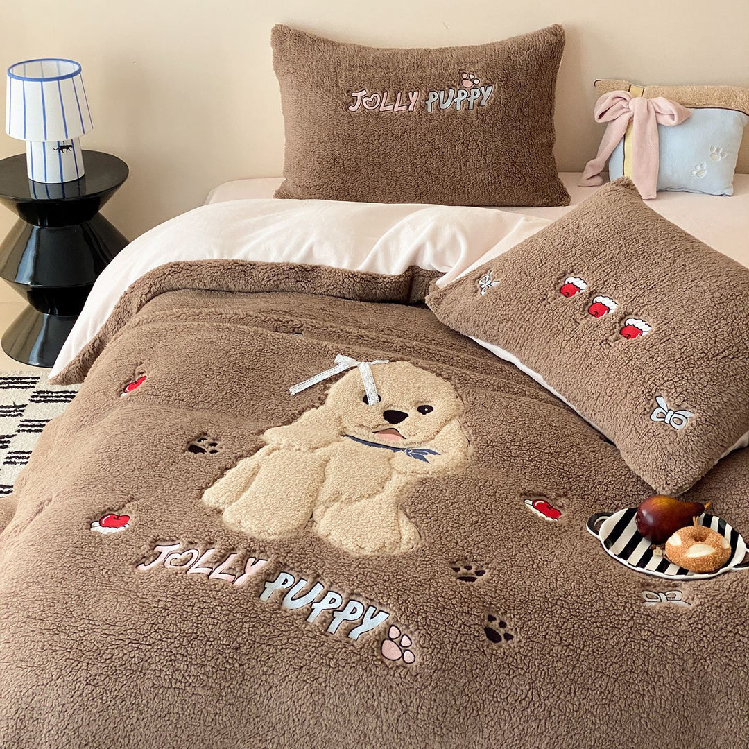 Plush bedding set with Sherpa finish, quilted cozy blanket, and embroidered puppy motif Kalsten