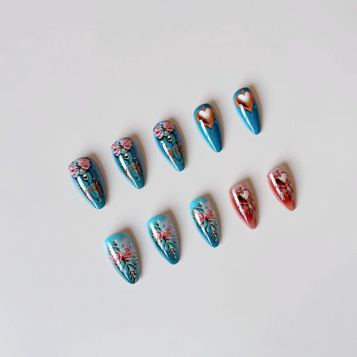 Acrylic nail set with stunning 3D rose and heart decorations Kalsten