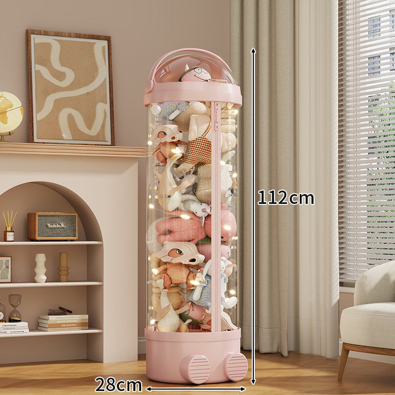 Tall Cylindrical Toy and Plush Storage Organizer with Clear Zip Cover and Rolling Vent Base