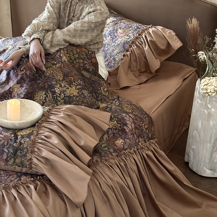Opulent jacquard bedding set with large flounce and decorative ruffle edging