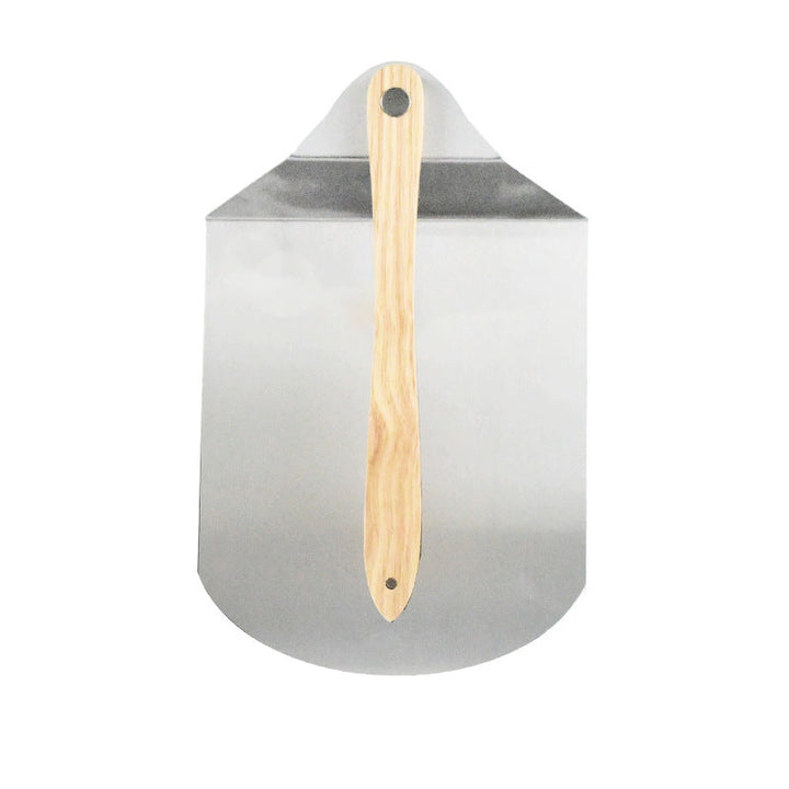large round stainless steel pizza paddle with beveled edge and full-length wooden handle Kalsten