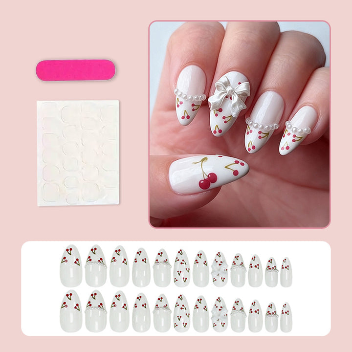 Artificial nail set with floral cherry motifs and elegant ribbons Kalsten
