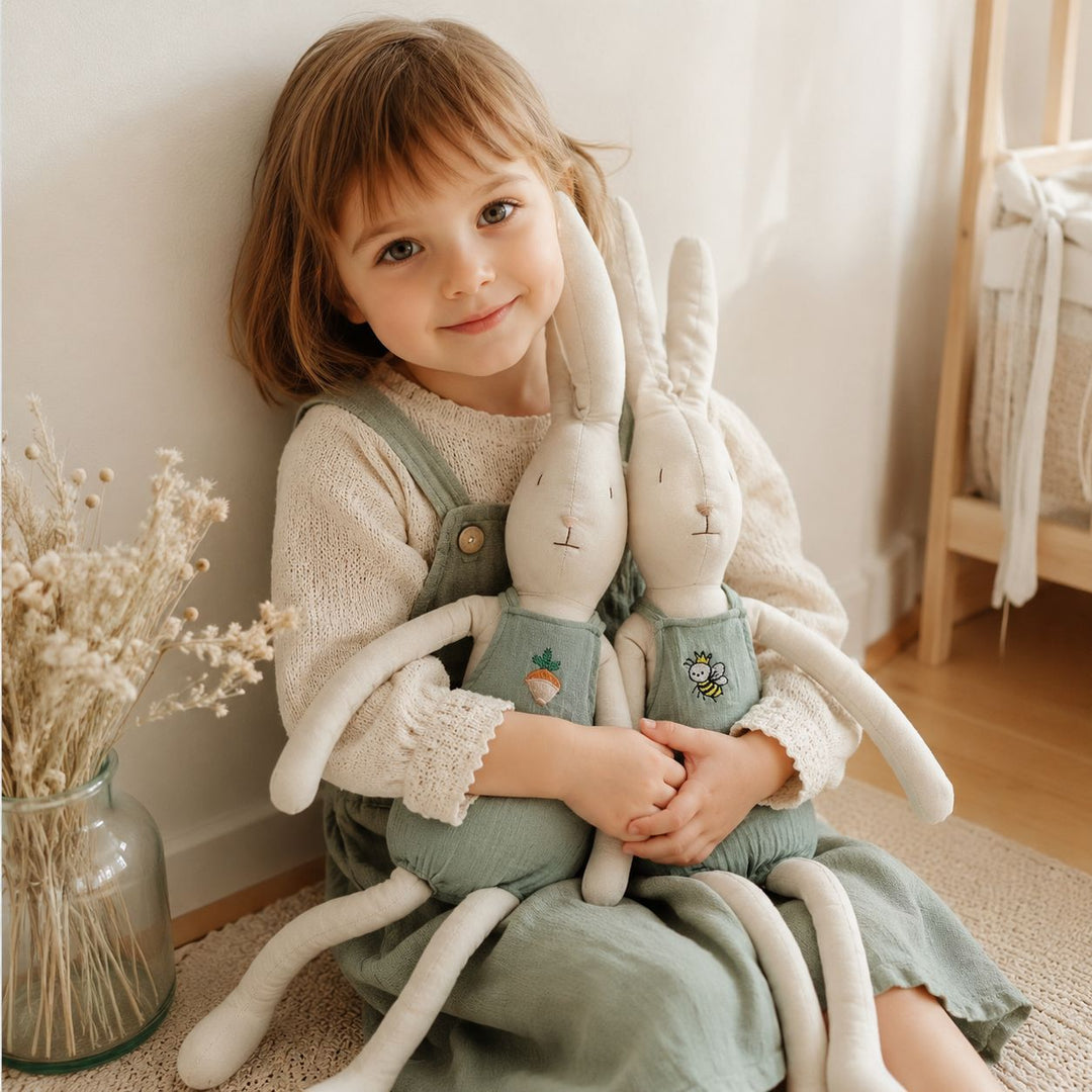 Plush Long-Eared Bunny Doll with Muslin Romper