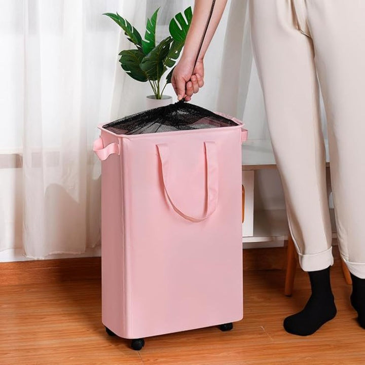 Foldable laundry basket with wheels and practical lid Kalsten