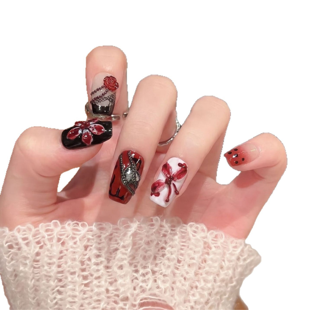 Artistic Nail Decoration Press-On Set with Unique Floral and Gemstone Designs Kalsten