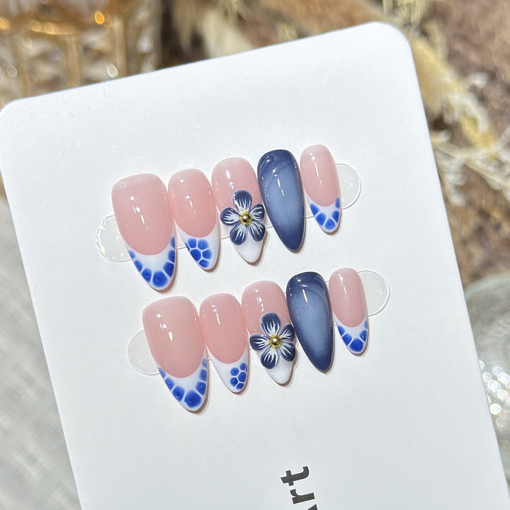Artistic Press-On Nail Set with Floral and Geometric Accents Kalsten