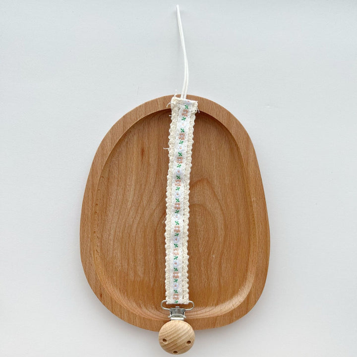Floral Embroidered Lace Pacifier and Teether Wooden Clip