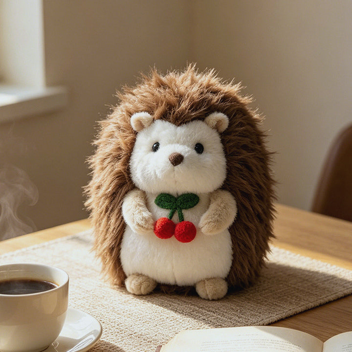 Kawaii Hedgehog Plush Collectible with Embroidered Cherry Accent and Soft Faux‑Fur Back Kalsten