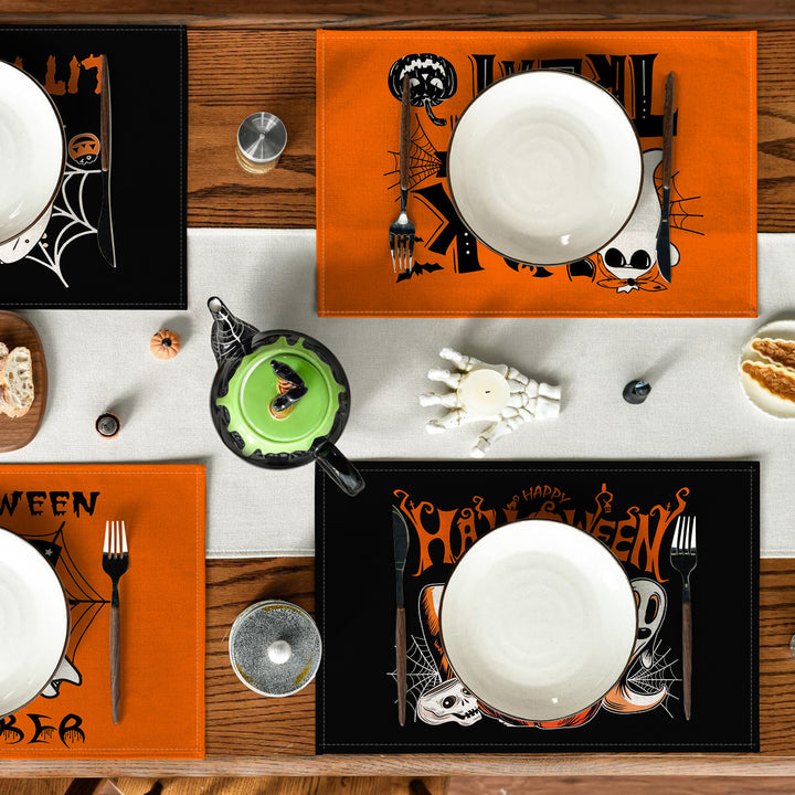 Multi-piece Halloween table set made of wipeable vinyl non-slip placemats