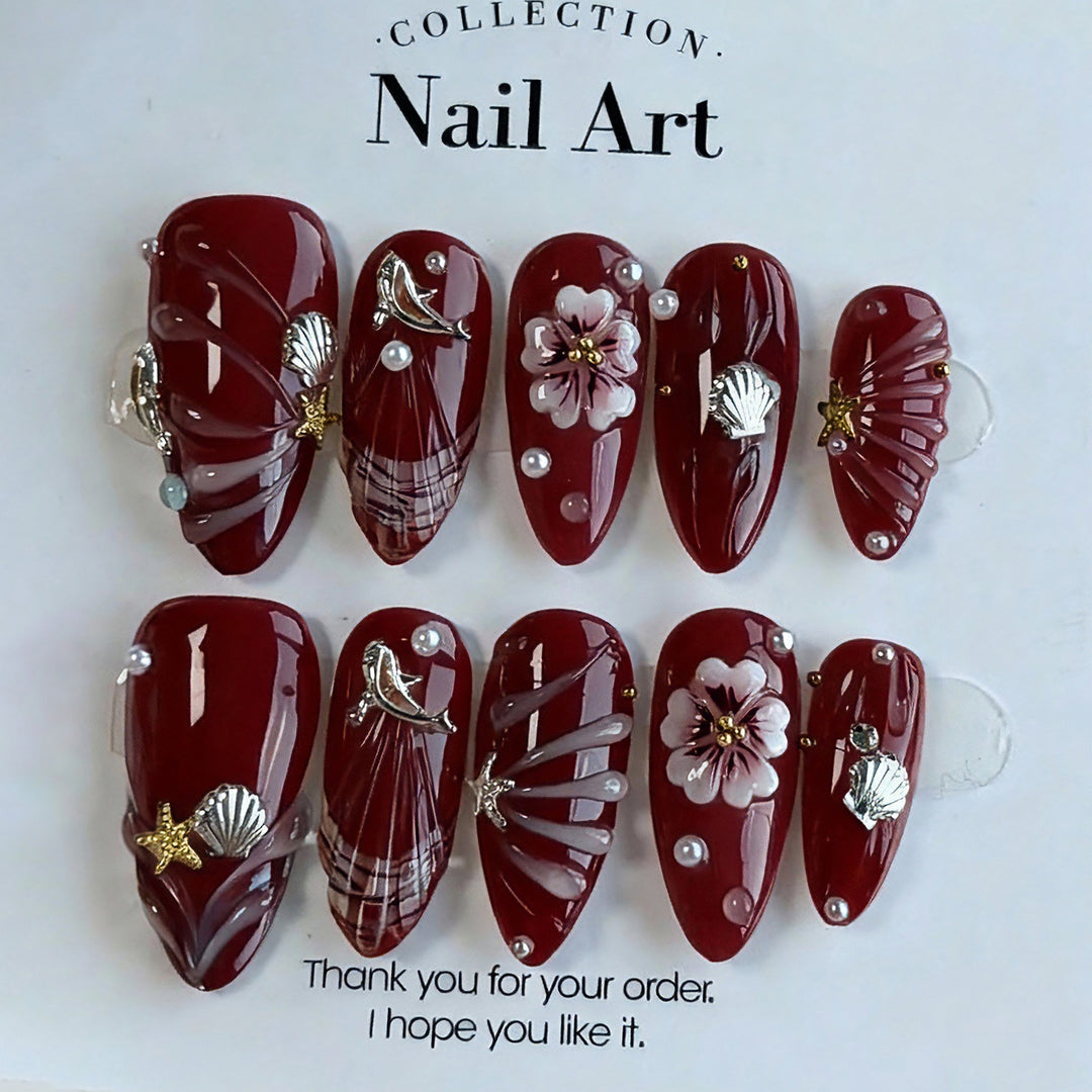 Artistic Press-On Nail Art Set with Floral and Shell Designs Kalsten