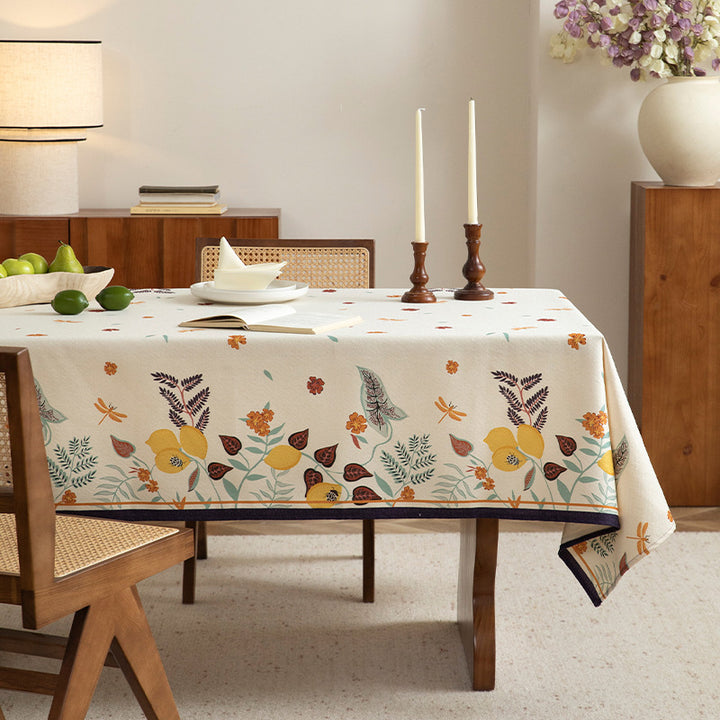Tablecloth made of cotton blend with floral border illustration and reinforced hem Kalsten