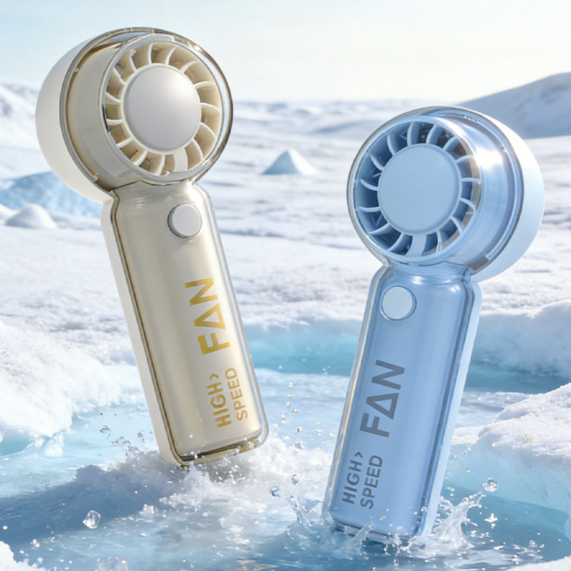 Cooling portable high-speed handheld mini fan with transparent safety housing and USB-C recharge Kalsten