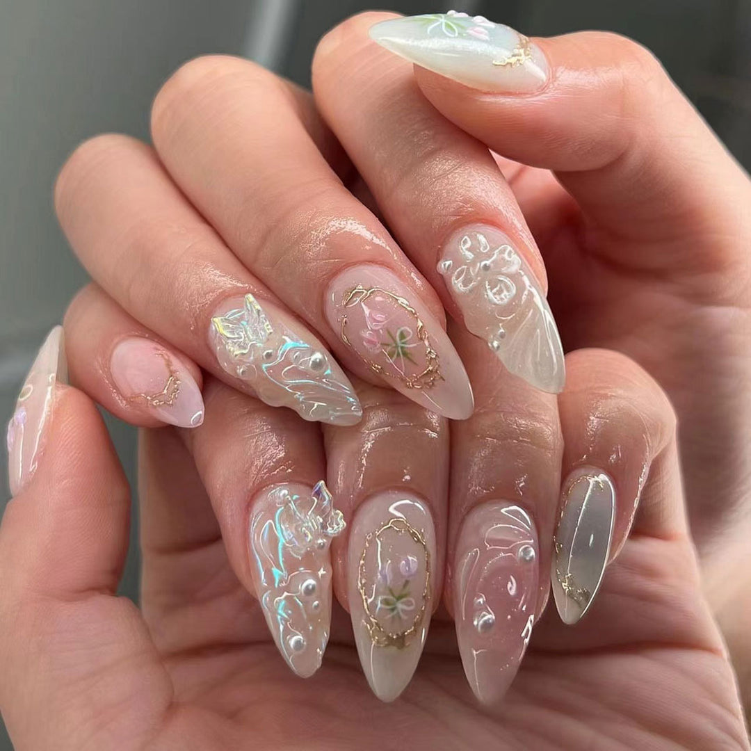 Elegant Stiletto Nail Art Extensions with Floral Embellishments Kalsten