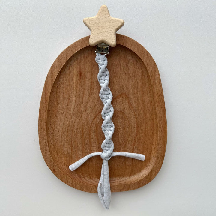 Wooden Star Pacifier Clip with Braided Cotton Strap