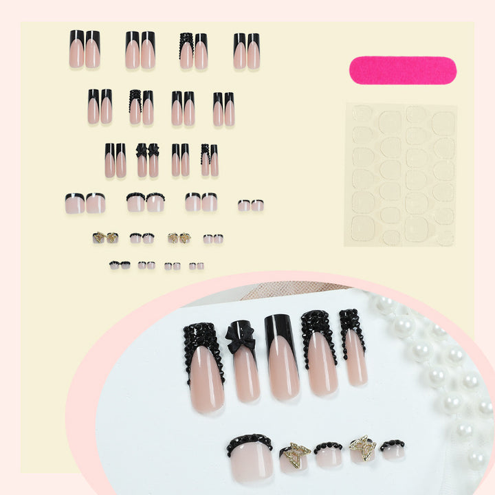Elegant Press-On Nail Art Set with Decorative Bows and Crystal Accents Kalsten