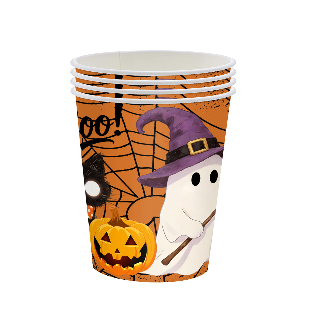 Disposable paper cups with Halloween pumpkin and ghost design stackable