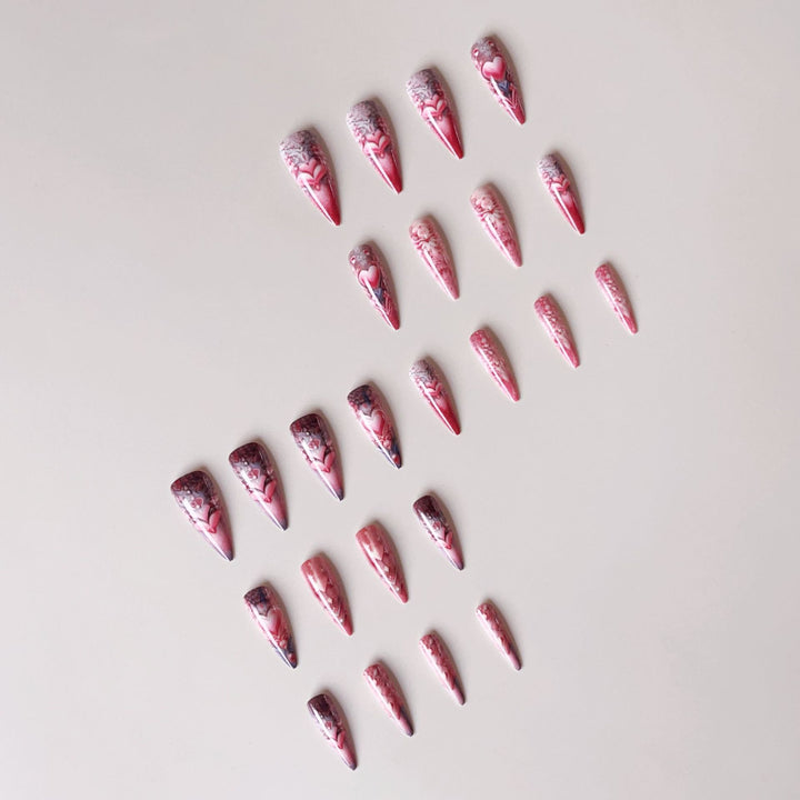 Artificial nail set with romantic 3D heart designs and luxurious embellishments Kalsten