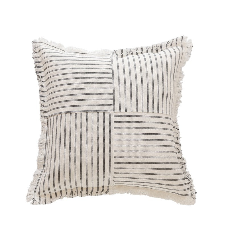Striped Coastal-Inspired Cotton Square Pillow Cover with Fringed Edge and Concealed Zip
