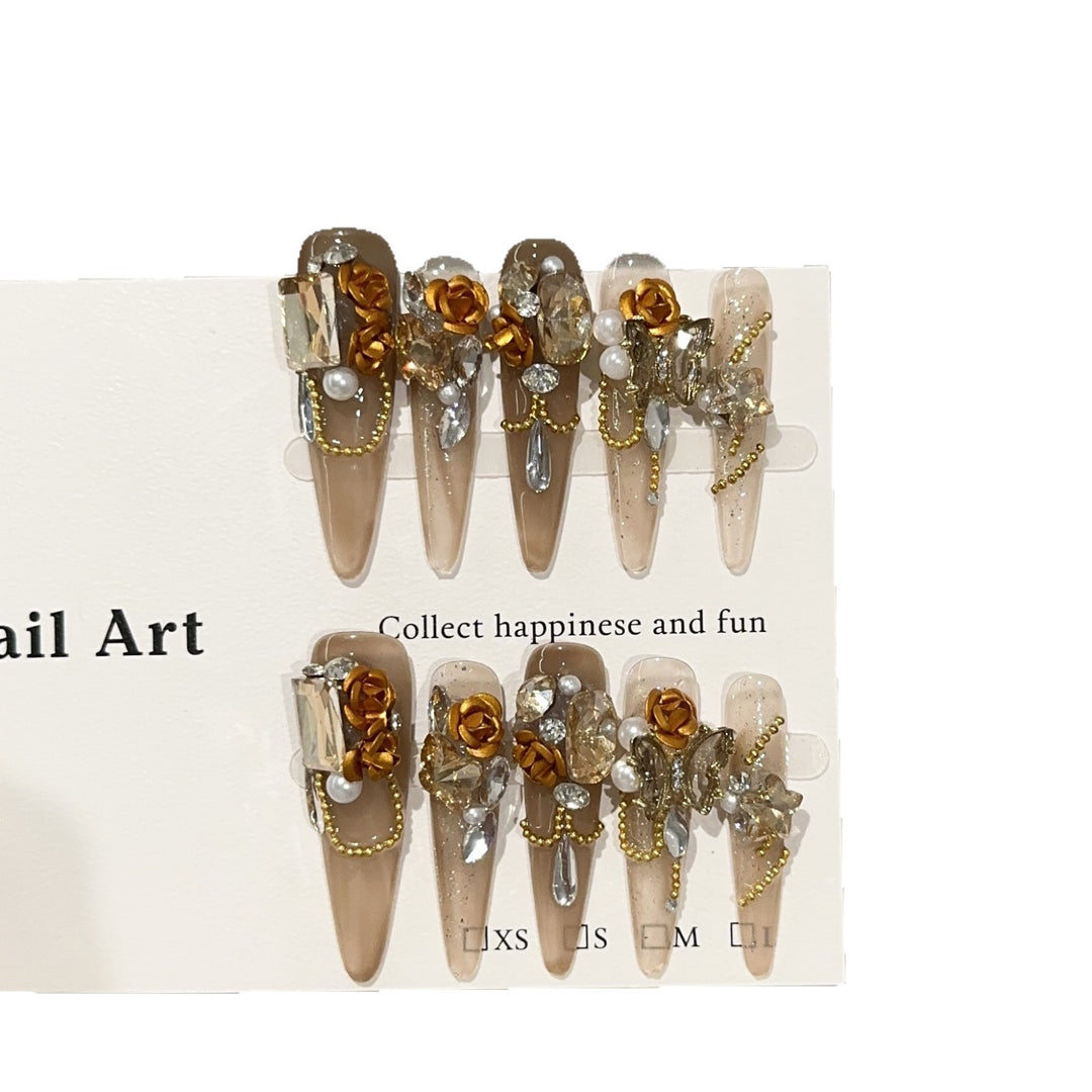 Decorative Stiletto Press-On Nail Art Set with Floral and Gemstone Accents