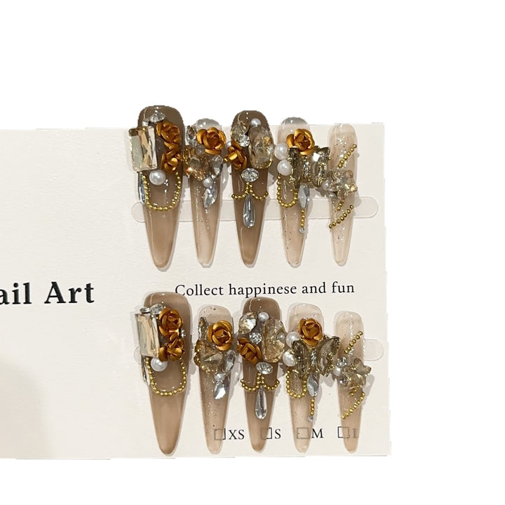 Decorative Stiletto Press-On Nail Art Set with Floral and Gemstone Accents