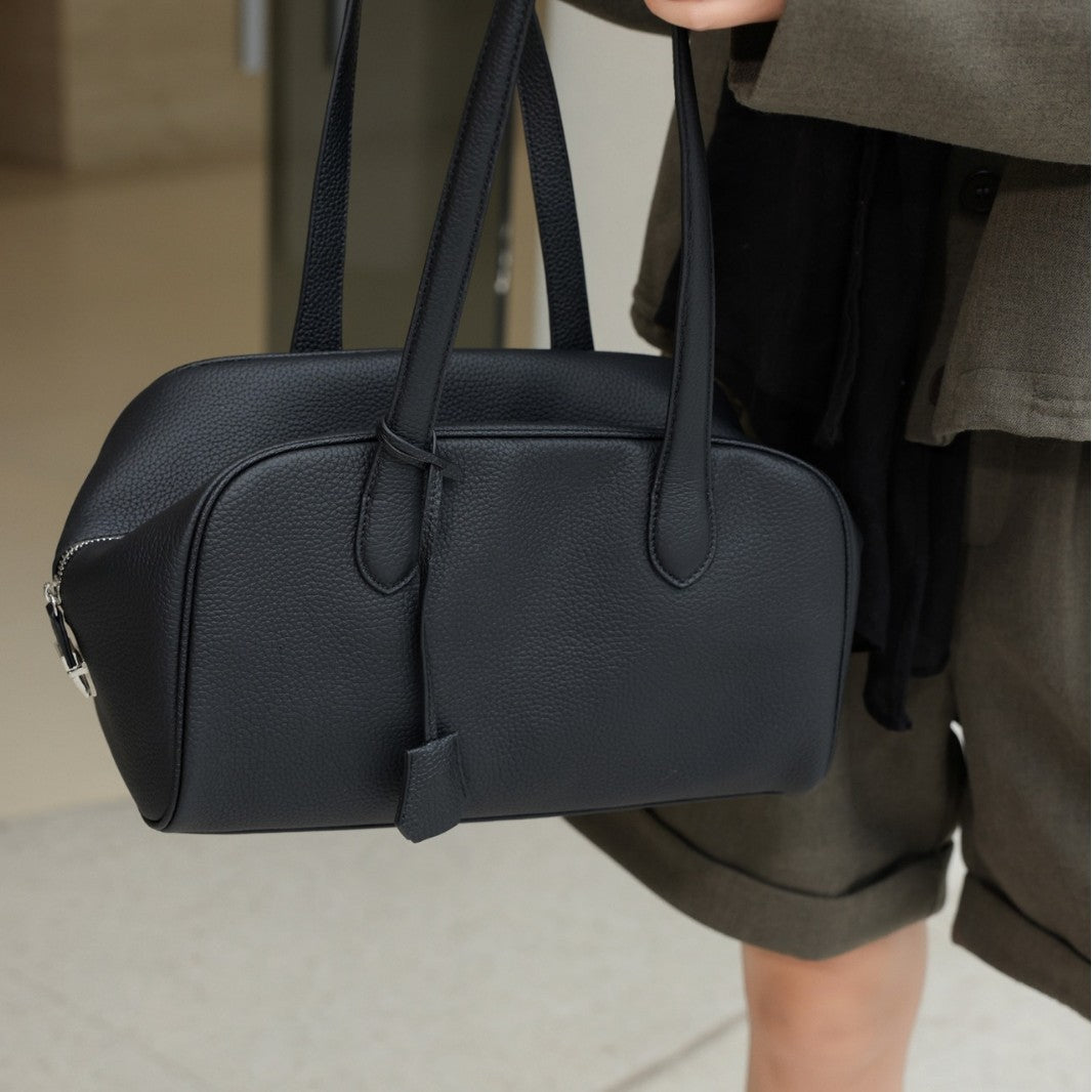 Pebbled Leather Barrel Top-Handle Satchel with Dual Shoulder Straps