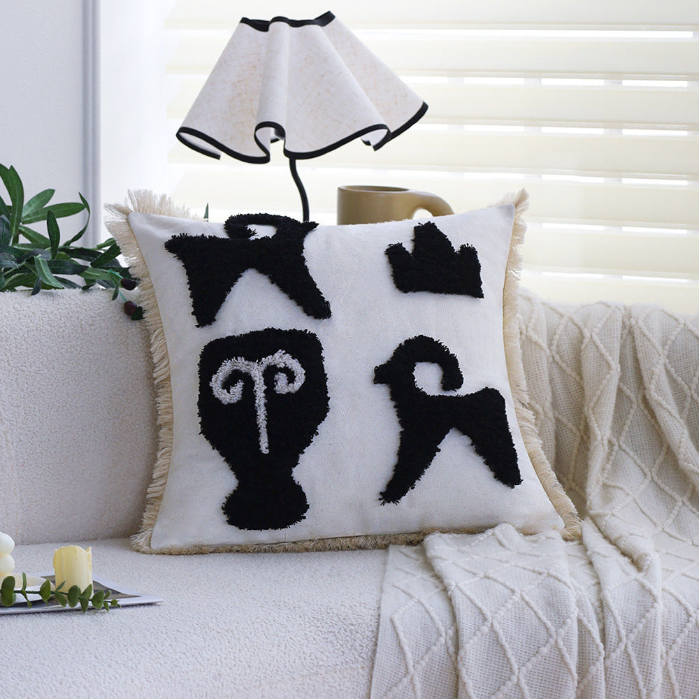 Square decorative cushion cover with hand-tufted ethnic appliqué motif and fringed edge Kalsten