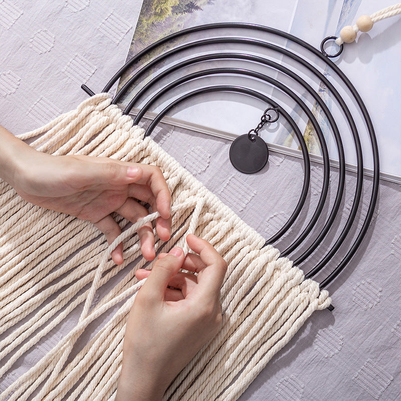 Boho macrame wall hanging with semicircle metal frame and long fringes Kalsten
