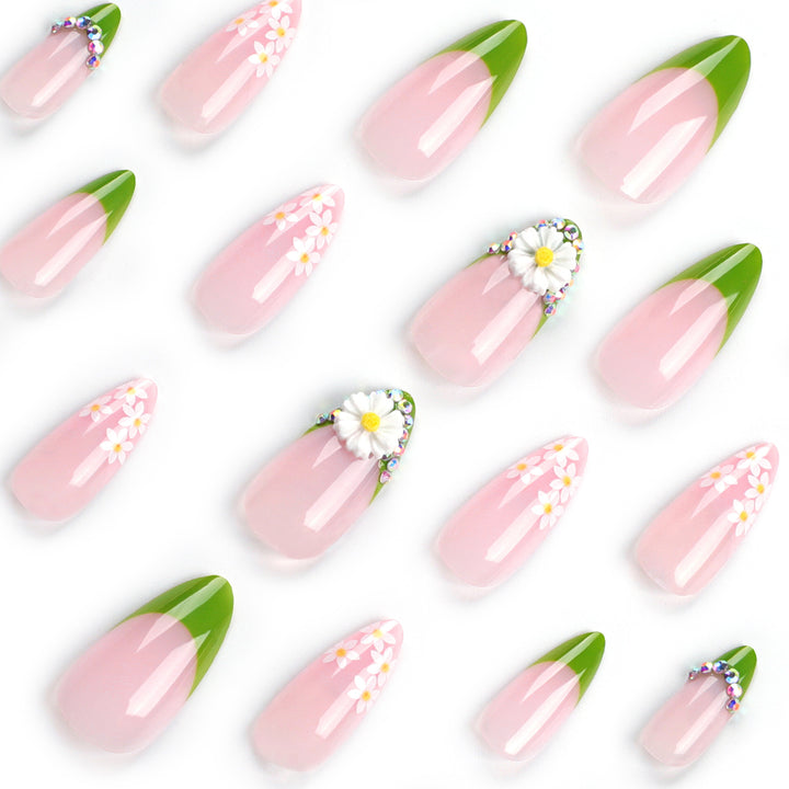 Artificial nails with floral accents and green French tip Kalsten