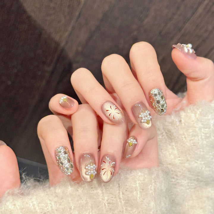 Artistic Press-On Nail Art Set with 3D Floral Accents