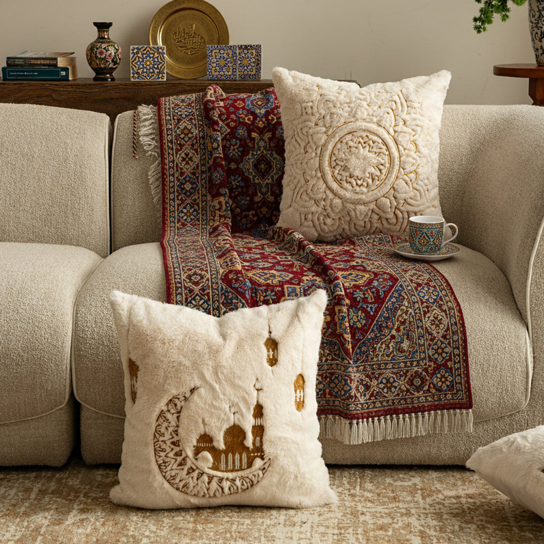 Luxurious decorative pillow cover made of faux fur with relief mandala motif Kalsten