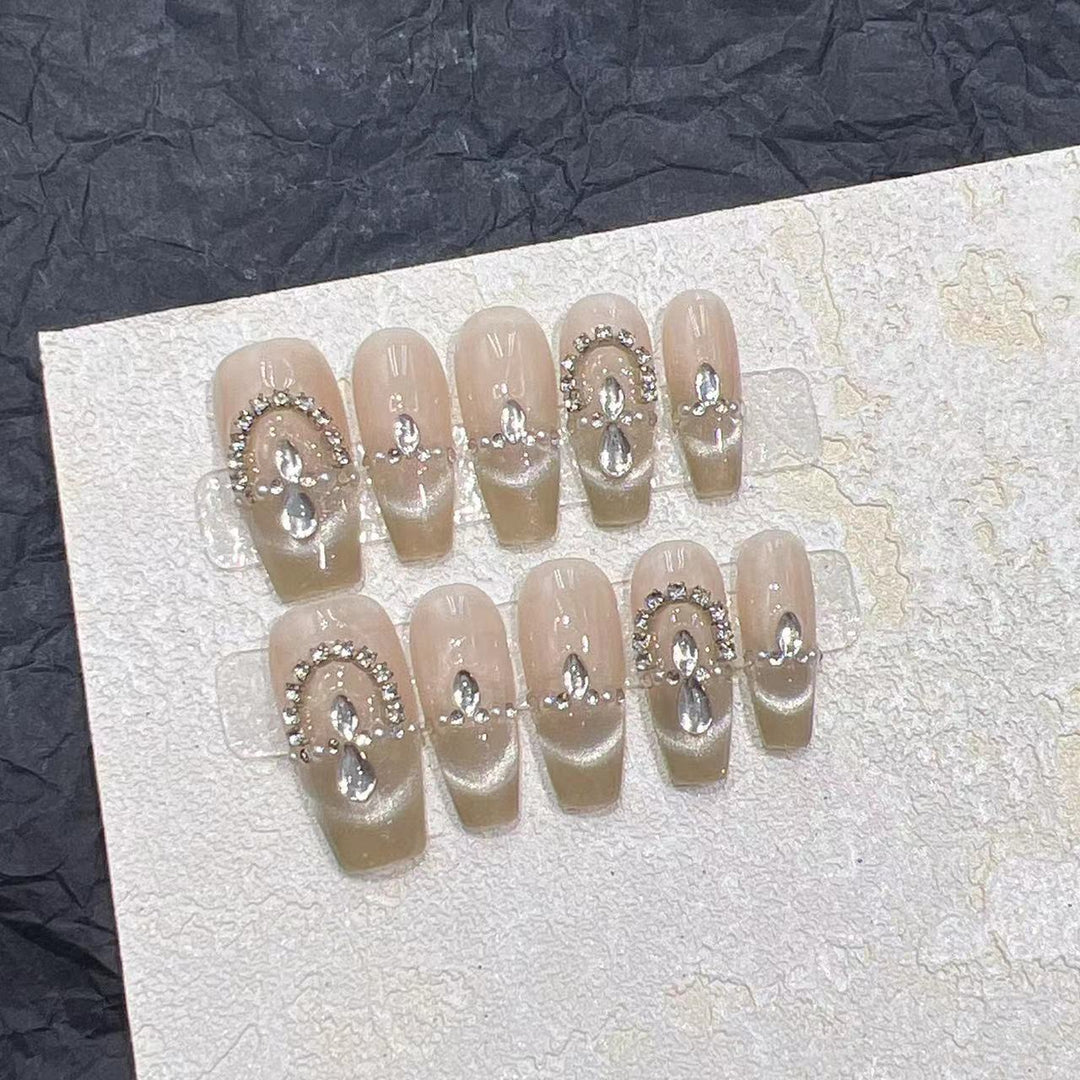 Elegant Press-On Nail Set with Rhinestone Detailing Kalsten