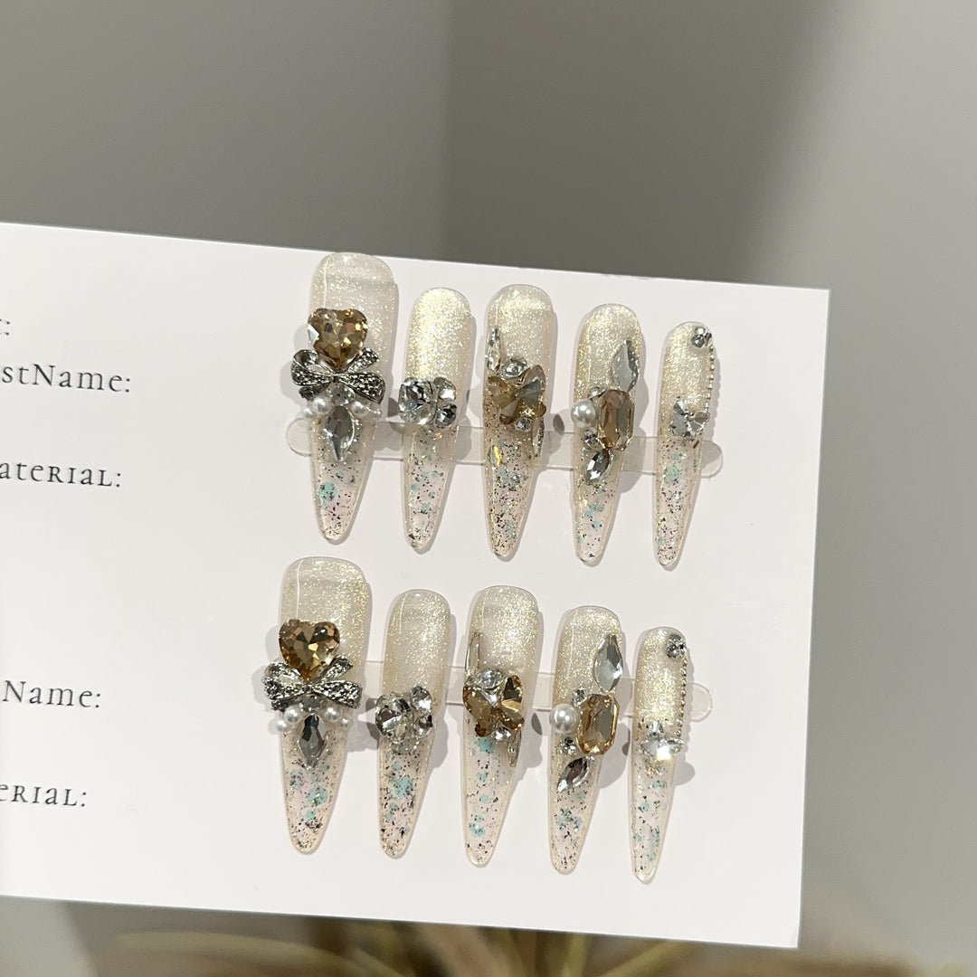 Elegant Stiletto Press-On Nail Set with Gemstone Accents