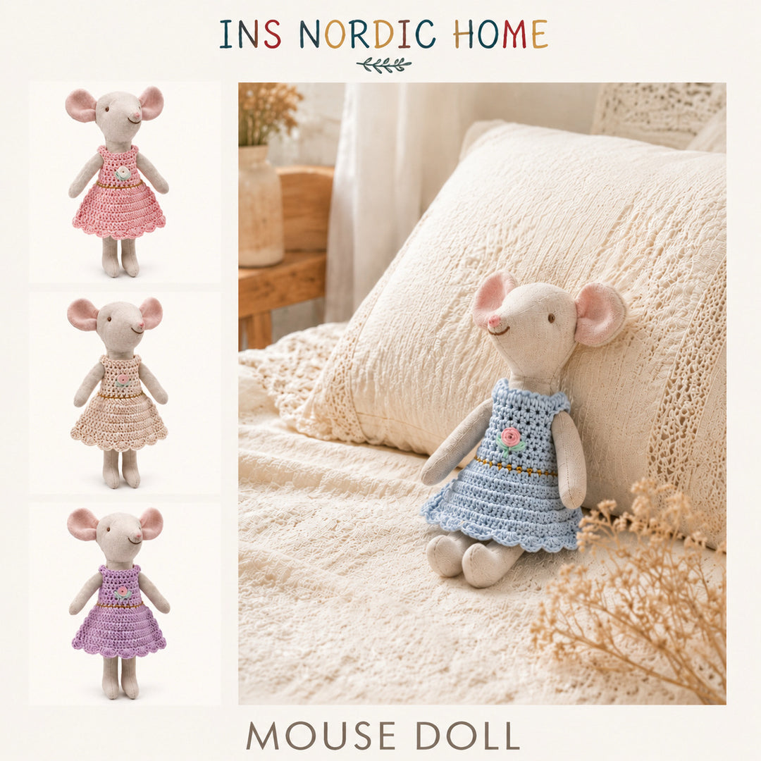 Handmade Linen Mouse Doll with Crocheted Dress and Embroidered Details