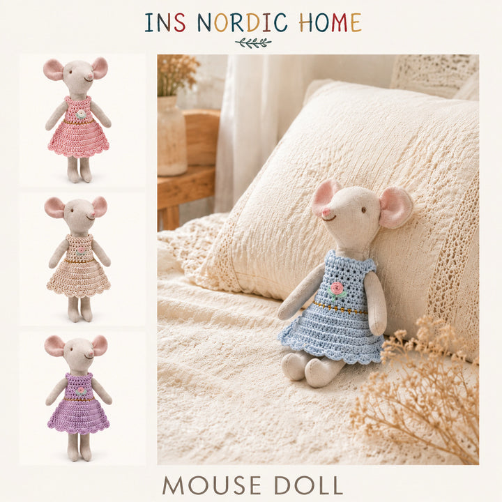 Handmade Linen Mouse Doll with Crocheted Dress and Embroidered Details