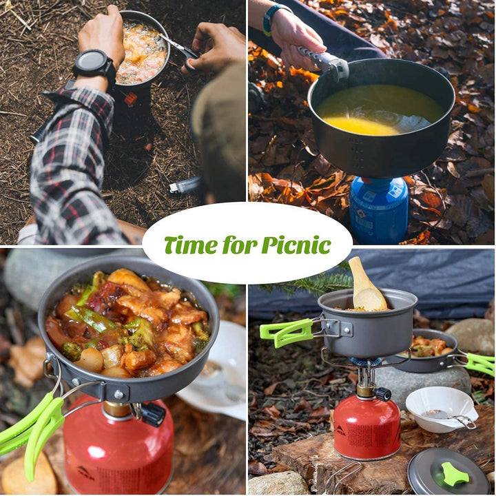lightweight non-stick camping cookware set with folding handles kettle pot pan utensils and mesh carry bag Kalsten