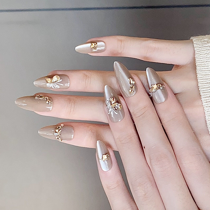Decorative Stiletto Press-On Nails with Gemstone and Floral Accents Kalsten